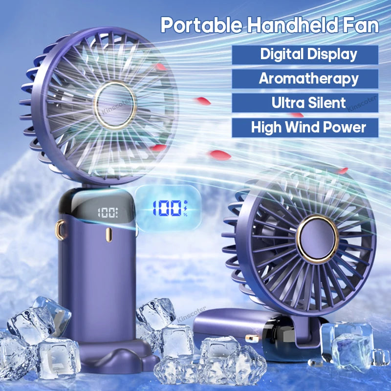 “USB Handheld Mini Fan – Foldable, Portable & 5-Speed Cooling with Phone Stand!”