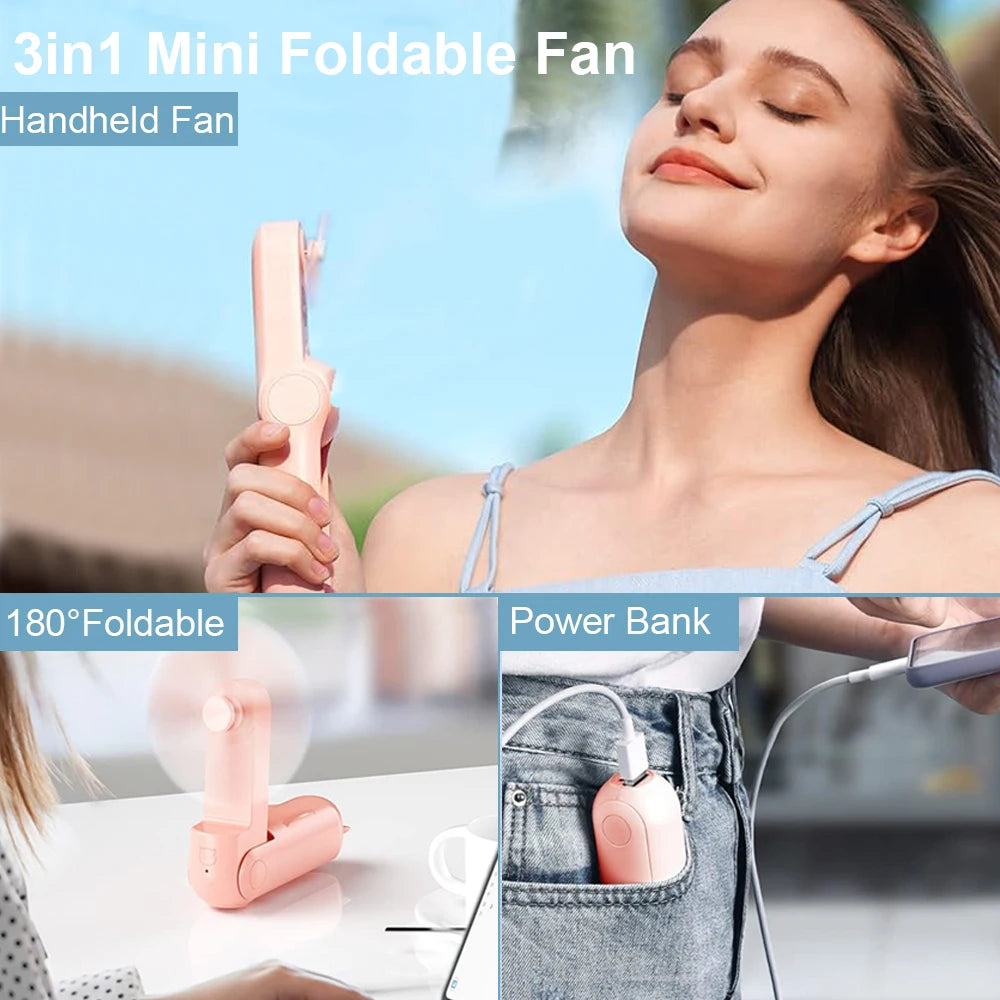 “Raugee Mini Portable Foldable Fan – Pocket-Sized, USB Rechargeable & Power Bank Ready!”
